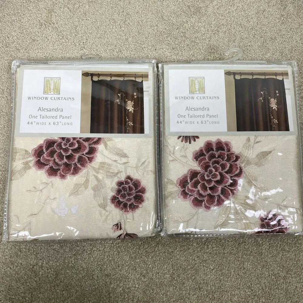 2 NWT Alesandra Floral Embroidered Faux Silk Window‎ Curtain Panel Beige 44x63